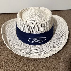 Ford White Straw Hat with Navy Logo Band